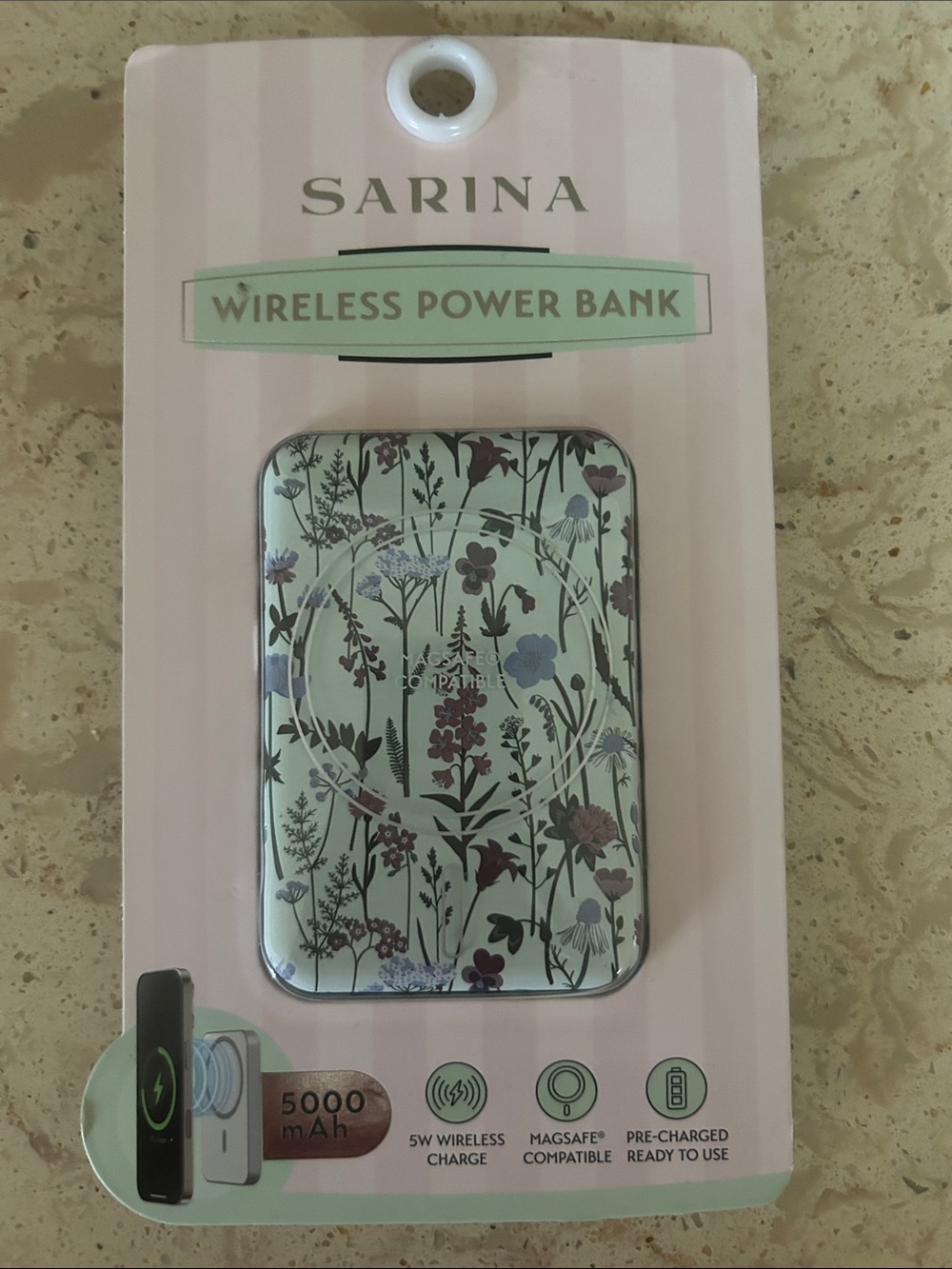 SARINA Floral Wireless Power Bank - White with Floral Pattern
